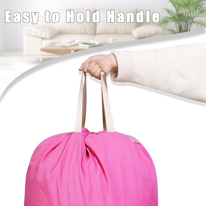 Sanlykate Large Canvas Cotton Laundry Bag with Drawstring & Handles, Heavy Duty Durable Dirty Clothes Organizer, Tear Resistant Hamper Liner Storage Bag, Travel Sack, 25.5 x 34inch - Deep Pink