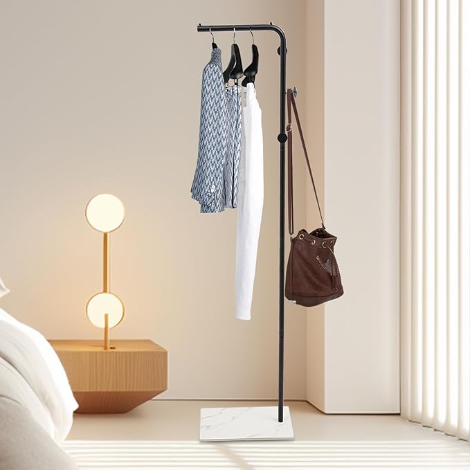 67in-Black Clothing Rack with Storage Base and Hooks, Freestanding Coat Rack Hanging Clothes, Bags, Hat and Shoes for Entryway Bedroom Garment Organizer Clothing Stores Boutique Retail