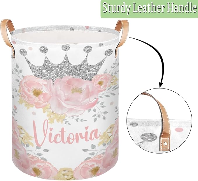 Personalized Laundry Basket, Custom Gift Laundry Hamper, Collapsible Nursery Waterproof Laundry Baskets, Dirty Clothes Toy Hamper with Handles Floral Silver Crown