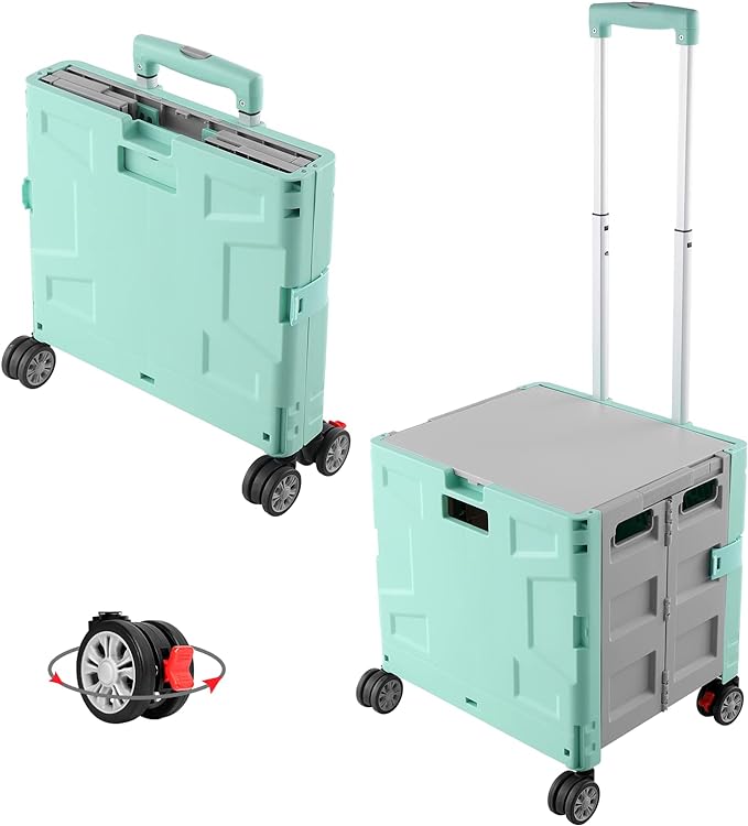 FELICON Folding Utility Cart Portable Rolling Crate Handcart with Durable Heavy Duty Plastic Telescoping Handle Collapsible Hidden Lid 4 Rotate Wheels for Travel Shop Move Office Teacher(Green&Gray)
