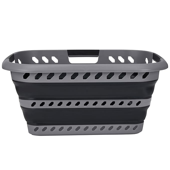 Collapsible Laundry Basket | Portable | Space Saver Storage | Hold 2 Loads | Store Under the Bed or Closet | Good for Kids | Dorm | Bedroom | Large | Grey/Black