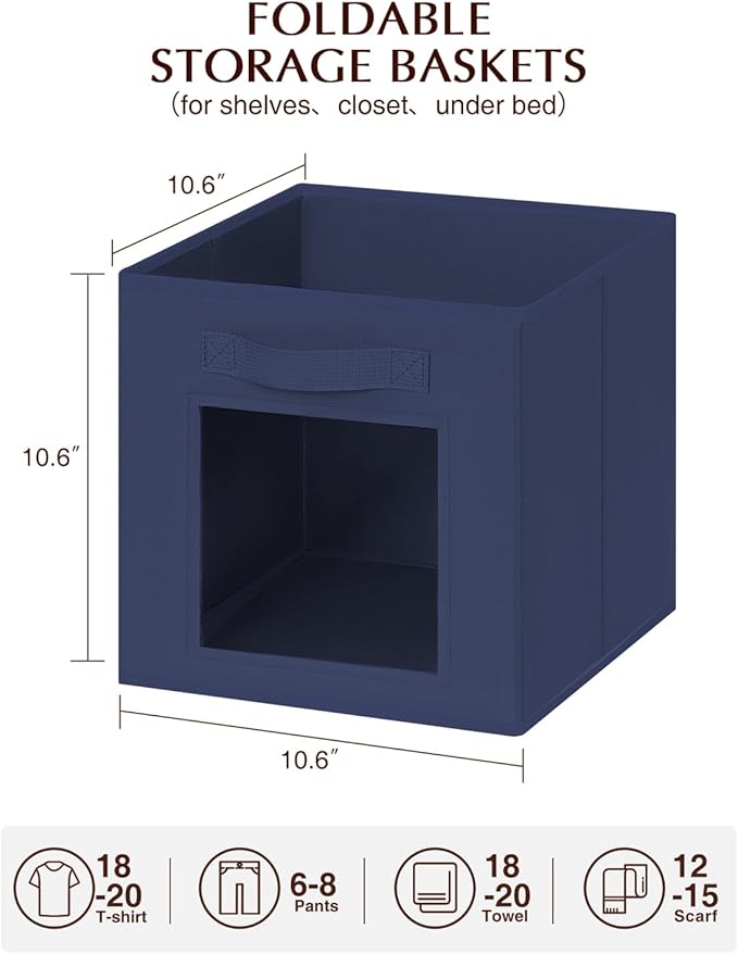 Storage Cube 11 Inch - Cube Storage Bins with Window, Closet Storage Baskets with Handle, Fabric Bins for Closet, Shelves, Toys, Clothes, Set of 16, Navy Blue