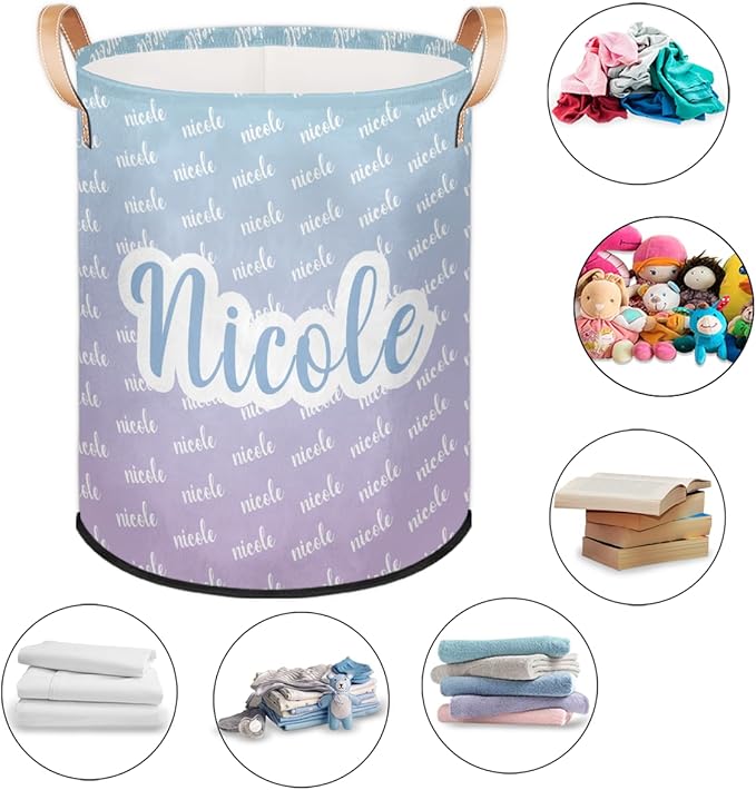 Custom Name Laundry-Hamper, Personalized Kids-Clothes-Hamper Foldable with Name, Customized Storage Basket with Handles Waterproof Gift for Boys Girls Baby Women,Gradient Green Purple