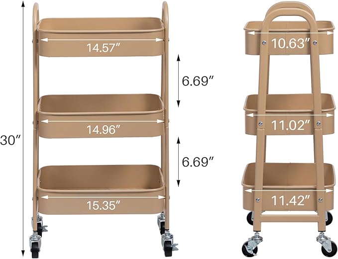 AGTEK 3 Tier Utility Rolling Cart with Lockable Wheels, Metal Multifunctional Storage, Organizer Cart for Kitchen, Office, Living Room, Makeup, Craft, Art Studio, Sand