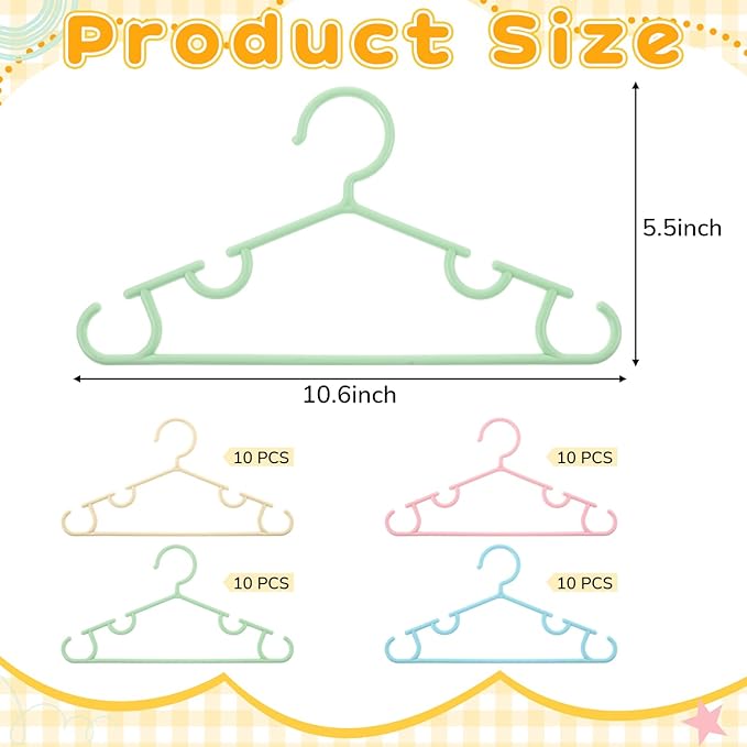Hsei 40 Pack Pastel Color Kids Nursery Hangers Plastic Baby Hangers Heavy Duty Toddler Hanger for Pants, Coat, Skirts, Closet, Nursery Decor(Pink Yellow Blue Green Color)