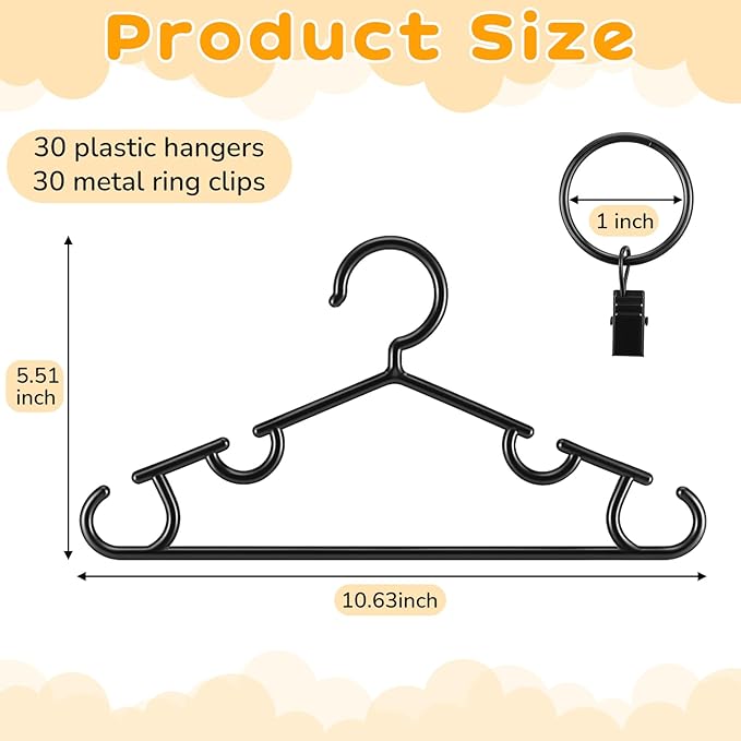 Hsei 30 Packs Nursery Baby Hangers with Ring Clips, Toddler Hangers, Kids Plastic Clothes Hanger for Infant Children Pants Closet Coat Skirts Socks (Black)