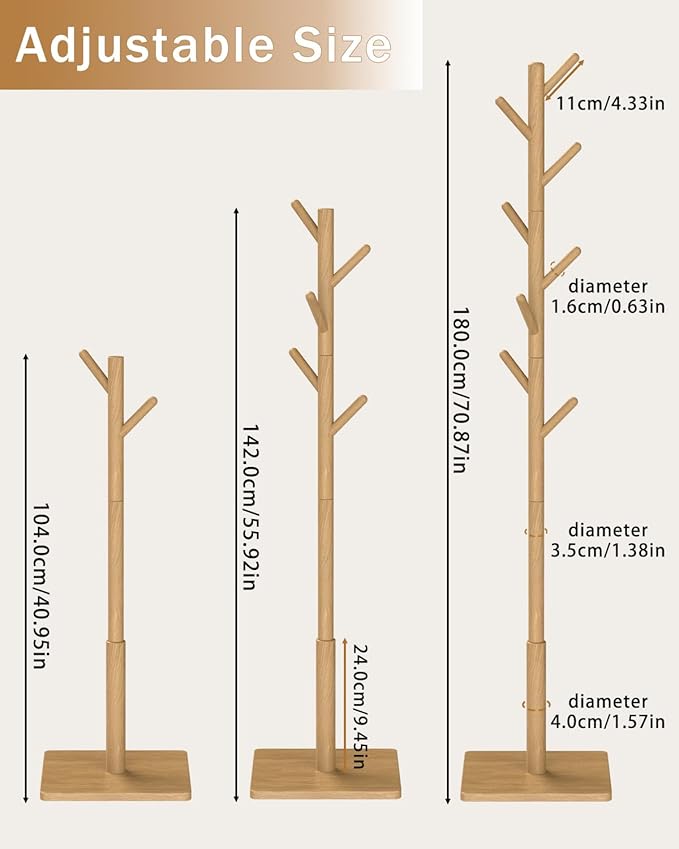 Yawinhe Coat Rack, Sturdy Wooden Coat Tree with 8 Hooks, 3 Adjustable Height for Bedroom, Hallway, Entrance, Office, 11.8 x 70.8 inches, Natural, 1-Pack, Square Base