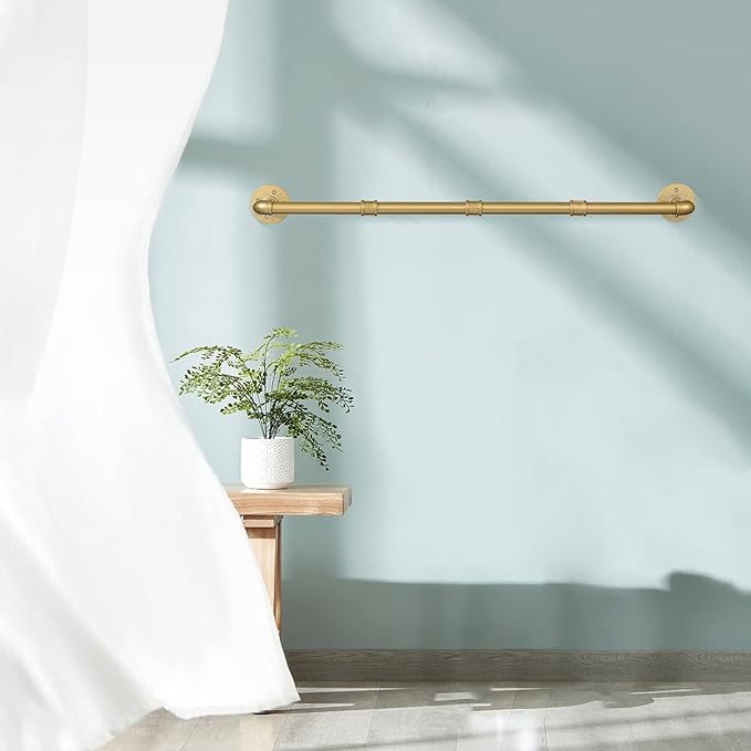 Industrial Gold Pipe Clothing Rack, Wall Ceiling Mounted Clothes Garment Rack 40'', Iron Golden Pipe Clothes Hanging Bar, Heavy Duty Metal Rod for Retail Display Closet Storage