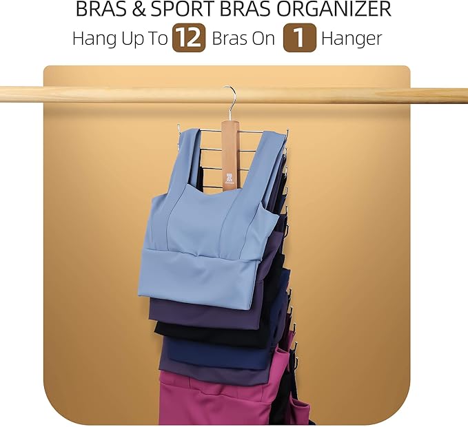 ZEDODIER Tank Top Hanger，2 Pack Wooden Bra Organizer for Closet, Maximum 12 Storage Capacity, Top 360° Rotation, Hanging Space Saving Hook for Tank Tops, Sport Bras, Camisoles, Lingeries