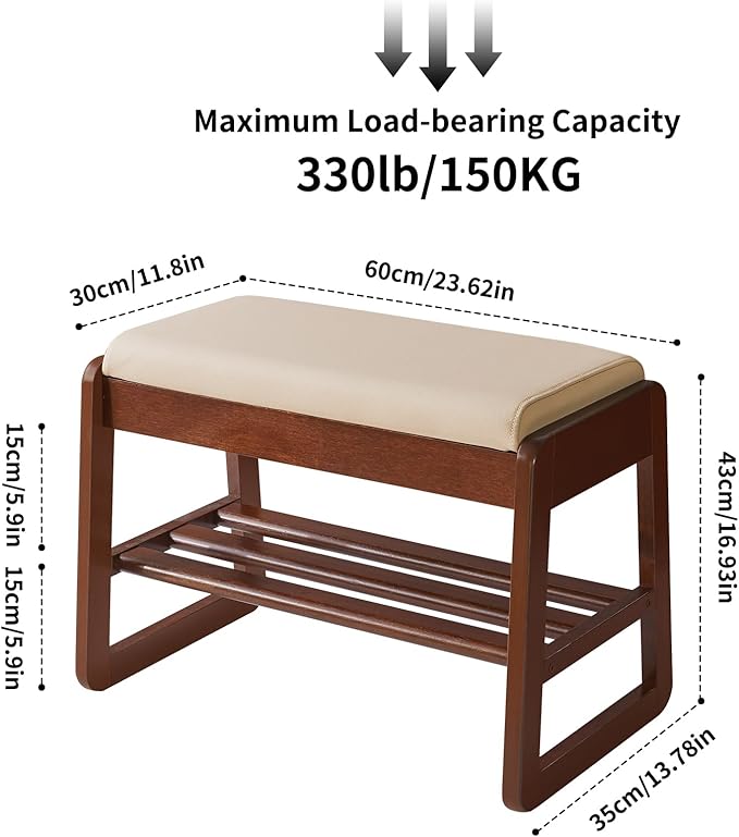 Shoe Rack Bench with Cushion, 2 Tiers Wood Shoe Bench with Flip-Top Storage, 23.62in Shoe Rack for Entryway, Hallway, Walnut Color YD-WD060B