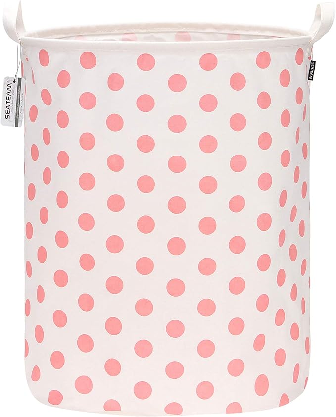 Sea Team 19.7 Inches Large Sized Waterproof Coating Ramie Cotton Fabric Folding Laundry Hamper Bucket Cylindric Burlap Canvas Storage Basket with Stylish Polka Dot Design (19.7", Pink)