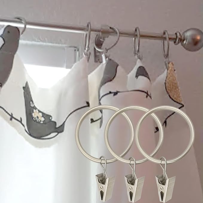 40 Pack Matte Silver Curtain Rings with Clips, Curtain Hooks Hangers Clip Rings for Hanging Drapes Bows Hat, Drapery Rings 1.5 in I D, Fits up to 1.2 in Diameter Curtain Rod.