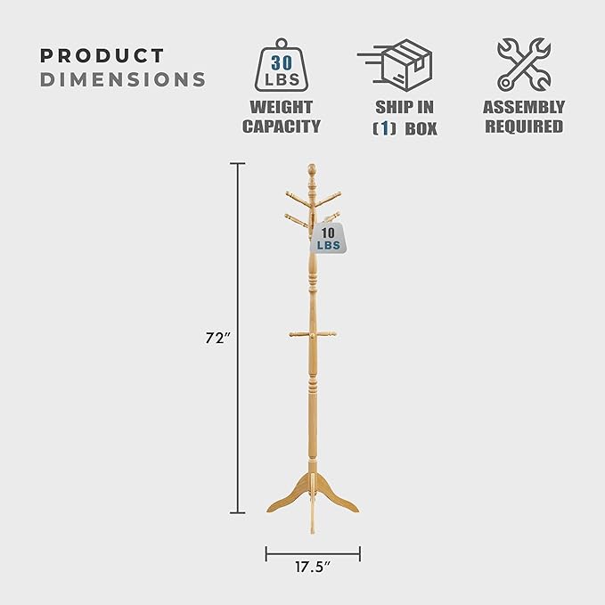 Lexicon Sturdy Solid Wood Coat Rack Stand with 10 Hanging Hooks for Hats,Scarves, Handbags, 3-Tier Wooden Coat Rack Freestanding Tree Used in Bedroom, Entryway, Hallway, Office, Natural