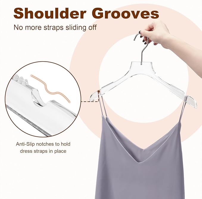HOUSE DAY Acrylic Hangers 5 Pack, Luxury Clear Hangers for Clothes, Crystal Hanger with Non Slip Shoulder Grips, Notches, 360° Swivel Hook, for Dresses, Tops