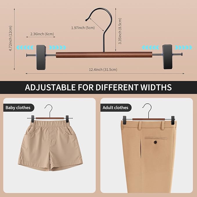 Wooden Pants Hangers with Clips 10 Pack Adjustable Wood Skirt Hangers for Women&Men Space Saving Closet Non Slip Clothes Hanger for Jeans,Trousers,Short,12Inch Brown