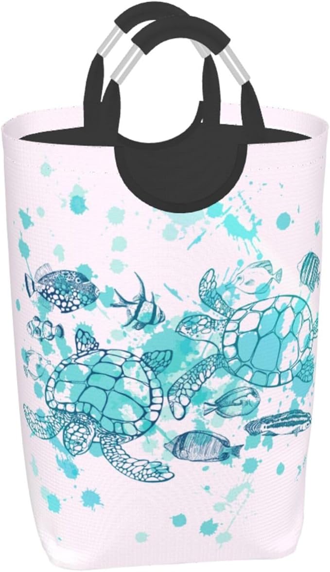 Sea Turtle Laundry Basket Beach Decor Laundry Hamper Ocean Fish Collapsible Baskets with Handle Dirty Clothes Hamper Bag for Dorm Family Bathroom Decor Storage 50L