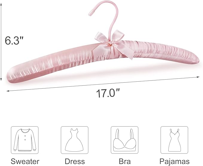 TOPIA HANGER Padded Hangers for Women Clothing,17-inch Satin Hangers 5 Pack Thick Foam Padded No Shoulder Bump for Sweaters, Coat, Blouses, Dresses-Pink,CT18P