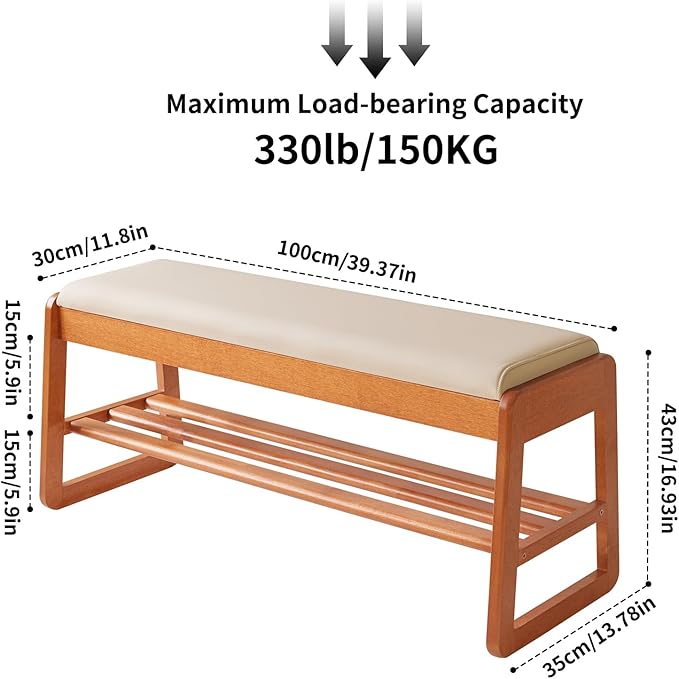 Wood Shoe Bench with Flip-Top Storage, 2 Tier Entryway Shoe Bench, 39.37in Shoe Rack with Cushion for Living Room, Cherry Wood Color YD-WD062C