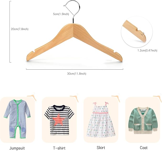 Nature Smile Kids Baby Children Toddler Wooden Shirt Coat Hangers with Notches and Anti-Rust Chrome Hook Pack of 10 (Natural)
