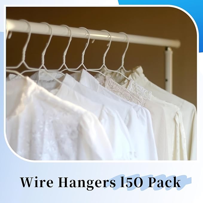 150 Pack Wire Hangers 15.9 Inch 13 Guage Metal Dry Cleaner Hangers Bulk Thin Space Saving Suit Holder for Coats, Shirts, Suits, Pants, Skirts (White)