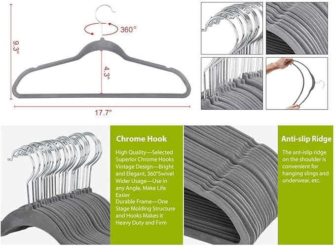 Yaheetech 100 Pack Non Slip Velvet Hangers Heavy Duty Flocked Coat Suit Hangers Space Saving Clothes Racks with 360° Swivel Hook, Gray