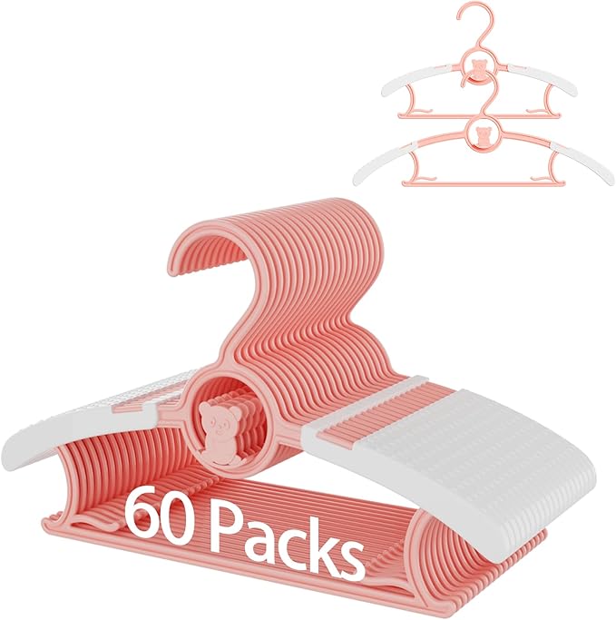 Baby Hangers, 11-14 Inch Extendable Kid Hangers - 60 Pack, Non-Slip, Stackable, Space Saving, Pink