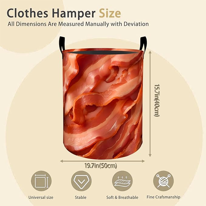 Bacon Pattern Laundry Basket Hamper for Boys Girls Kids Adults, Foldable Waterproof Oxford Clothes Storage Bin, Funny Food Organizer for Bedroom Bathroom Room Decor 19.7"x15.8"