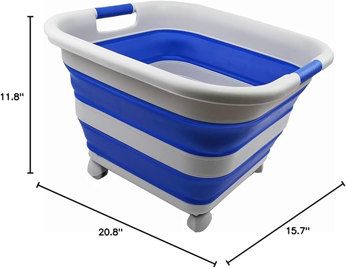 SAMMART 39L (10.3 Gallons) Collapsible Plastic Laundry Basket with Wheels-Foldable Pop Up Storage Container (1, Grey/Purplish Blue)