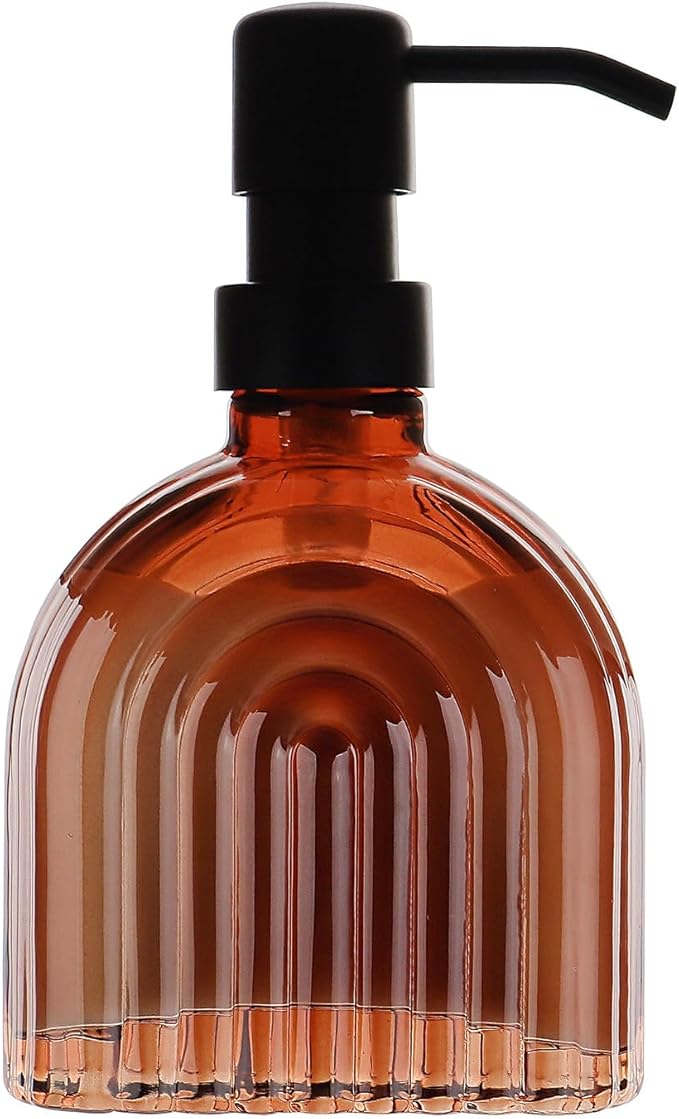 Glass Soap Dispenser for Kitchen and Bathroom Contertop Wash Hand Liquid, Dish Detergent, Farmhouse Style Shampoo Lotion Pump (1, Brown Glass with Black, 4" x 2"x 6-5/8")