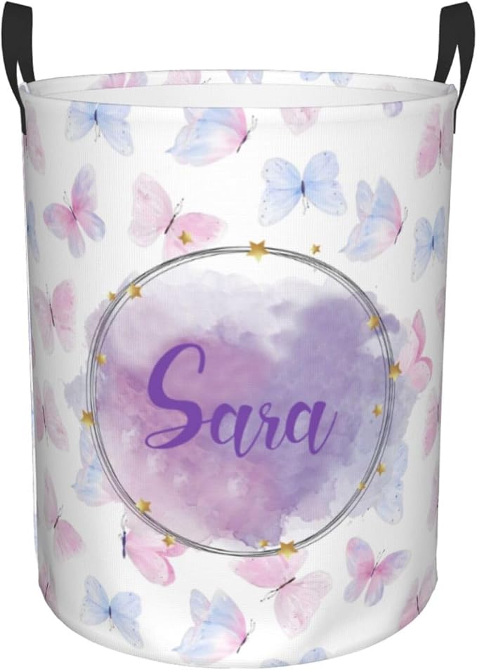 Personalized Laundry Basket for Nursery, Custom Nursery Laundry Hamper with Name, Customize Baby Clothes Circular Hamper for Boys Girls Room Decor, Colorful Butterfly