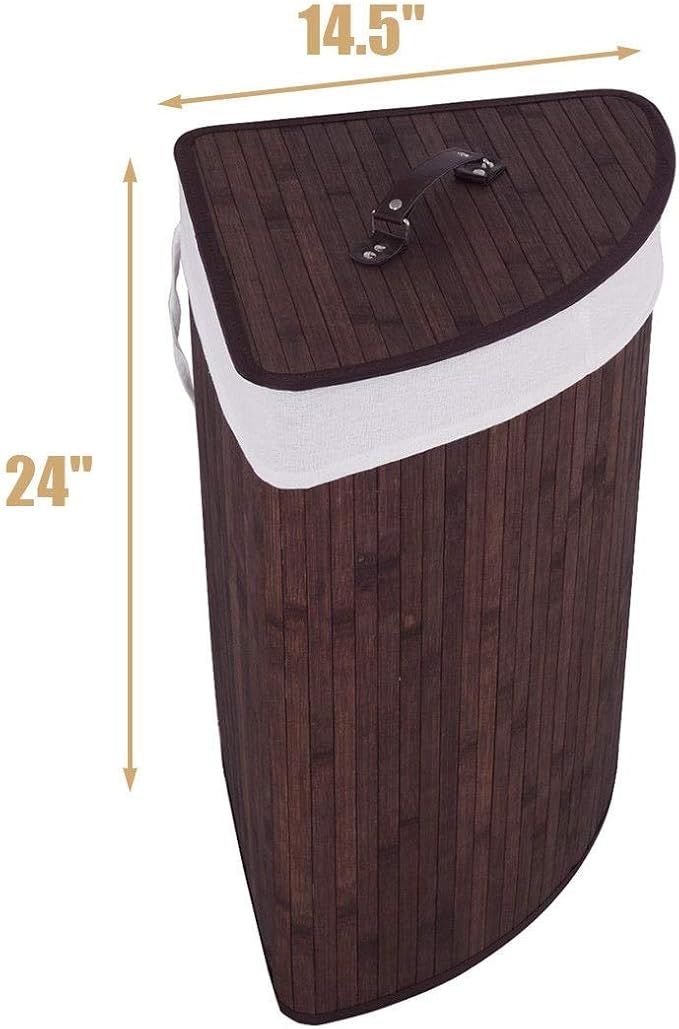 GOFLAME Corner Bamboo Laundry Hamper with Lid and Removable Liner, Washing Clothes Basket Storage Bin with Handle, Suitable for Bedroom, Bathroom, Laundry (Brown)