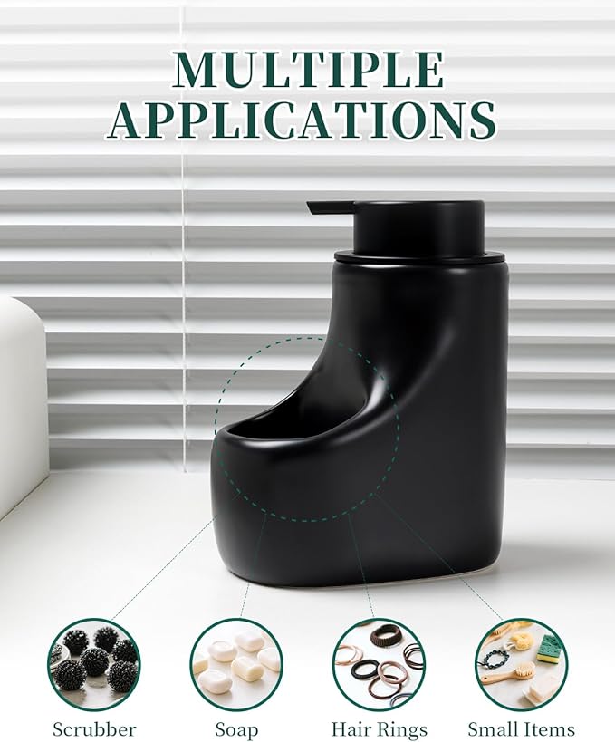 Ceramic Lotion Dispenser - 12 oz Bathroom Hand Pump Dispenser Hand Dish Soap Dispenser Bottles Black Pump Dish Liquid Dispenser for Kitchen… (Ceramic, Black Lotion with Sponge)