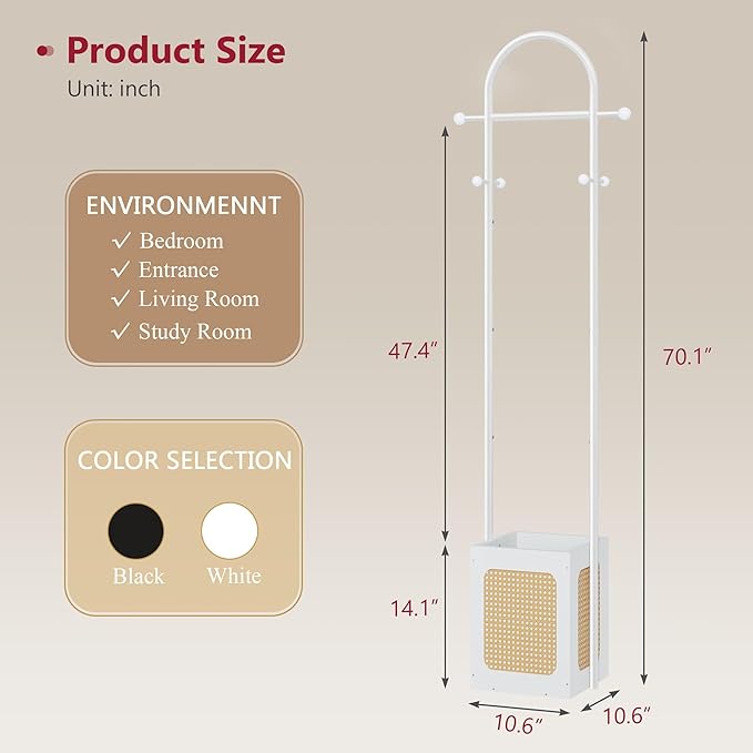 Tajsoon Coat Rack Freestanding, Coat Stand with Wooden Storage Basket, Coat Tree with 6 Hooks, Rattan Coat Hanger Stand for Living Room, Bedroom, Office, White