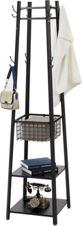 VECELO Coat Rack Freestanding,Hall Tree with Metal Basket and Storage Shelves,Industrial Coat Rack Stand with 8 Hooks for Hanging Coats/Hats/Bags/Umbrellas,18 x 18 x 72 In,Matte Black