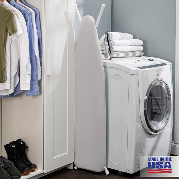 Full Size Ironing Board Made in USA – Light Grey by Seymour Home Products 4 Heavy-Duty Steel Legs Perforated Top for Steam Includes Cover & Pad Sturdy, Foldable Iron Board for Home & Laundry