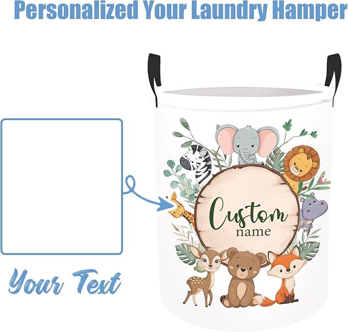 Personalized Baby Basket for Laundry, Custom Name Laundry Baskets for Kids Girls Boys Adults, Customize Kids Clothes Hamper, Safari Animals Print Storage Basket with Handles