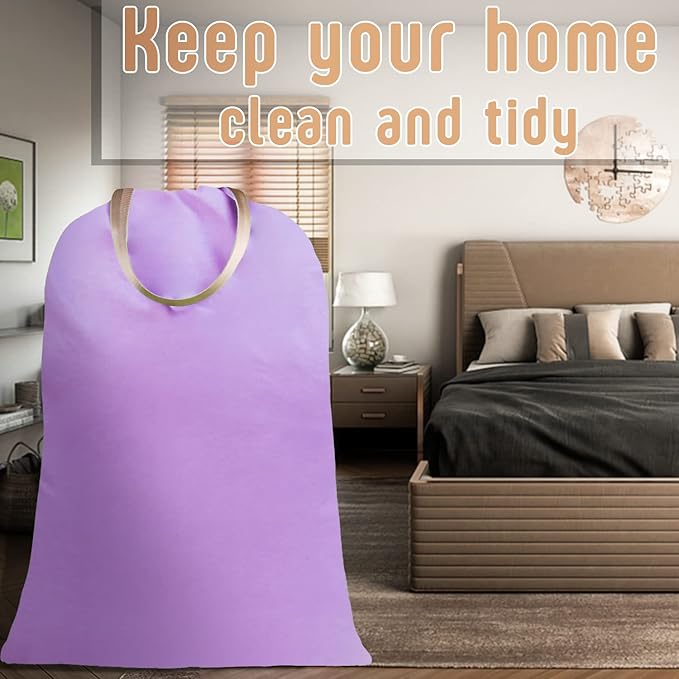 Sanlykate Large Canvas Cotton Laundry Bag with Drawstring & Handles, Heavy Duty Durable Dirty Clothes Organizer, Tear Resistant Hamper Liner Storage Bag, Travel Sack, 25.5 x 34inch - Purple