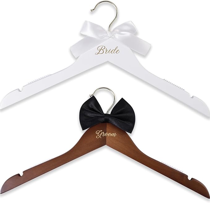 2 Pack Wedding Hangers, Bridal Hanger, Bride Hanger, Wooden Bride and Groom Wedding Dress Hangers with Attached Bow Tie, Bridal Shower Gifts, Bridal Tuxedo Suit Wedding Gift for Couples
