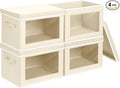Storage Bins with Lids - Small Fabric Organizers with Window, Collapsible Storage Bins for Clothes, Decorative Closet Organizers for Towels, Tshirt, 4 Pack, Beige