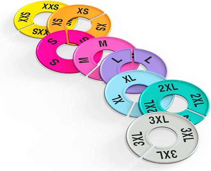 Set of Colored Clothing Round Rack Size Dividers (XXS - 3XL) Various Quantities Available (24)