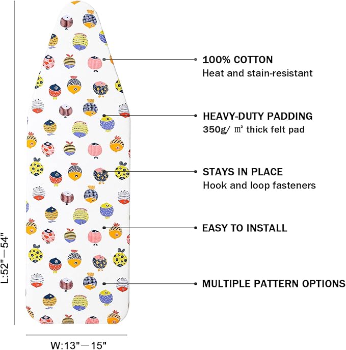 Ironing Board Cover and Pad Standard Size 15" x 54",3 Pairs of Hook and Loop Fastener Straps,Elastic Edges,Cotton Iron Board Cover with Scorch Resistant Thick Padding(White+Fishes)
