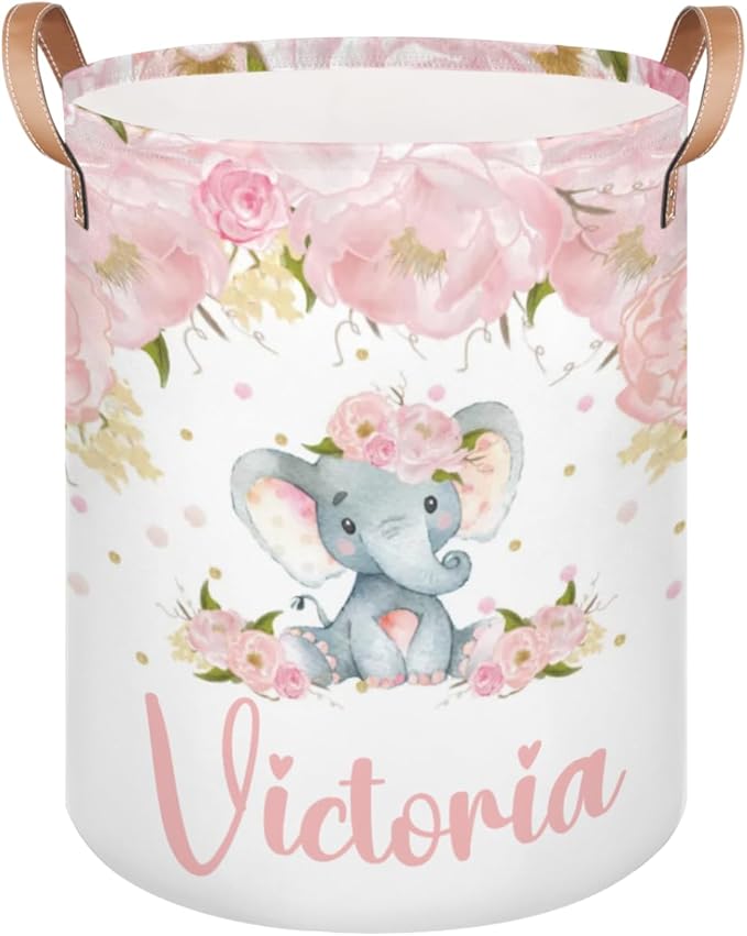 Personalized Laundry Basket, Custom Gift Laundry Hamper, Collapsible Nursery Waterproof Laundry Baskets, Dirty Clothes Toy Hamper with Handles Pink Floral Cute Elephant