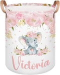 Personalized Laundry Basket, Custom Gift Laundry Hamper, Collapsible Nursery Waterproof Laundry Baskets, Dirty Clothes Toy Hamper with Handles Pink Floral Cute Elephant