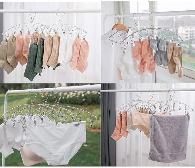 Clothes Hanger with 10 Clips, Stainless Steel, Windproof, for Drying Socks, Bras, Underwears, Baby Clothes, Hats, Scarfs, Towels, Pants and Gloves (4 Pack)