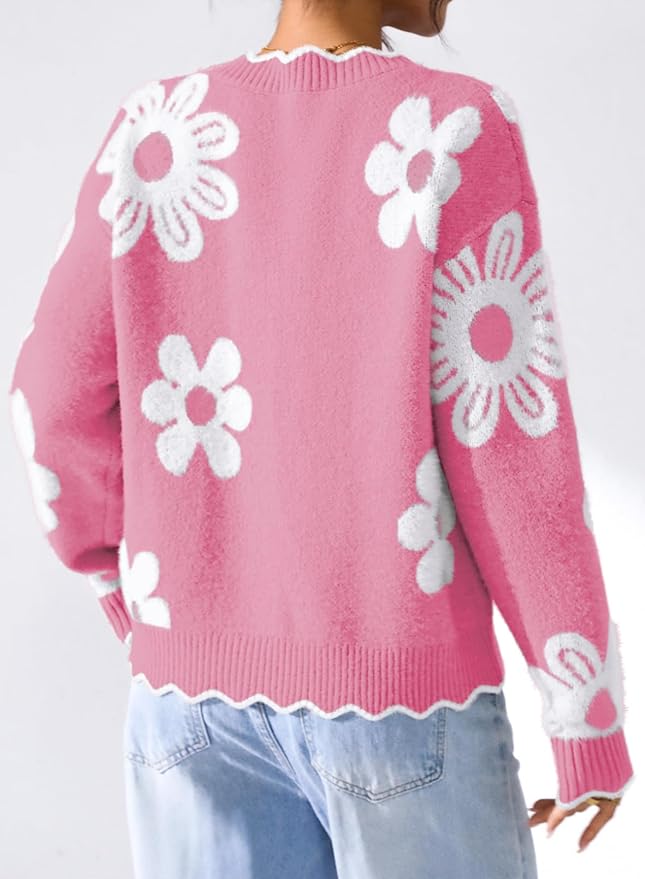 Pink Queen Fuzzy Sweater Cardigan for Women 2025 Fashion Long Sleeve Flower Outerwear Button Down Open Front Cardigan Coat