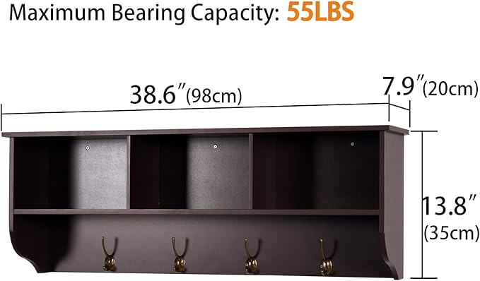 Elegant Espresso Wooden Wall-Mounted Coat Rack with Shelf - Entryway Organizer with 4 Dual Hooks - Modern Storage Display for Home Decor, Plants, Photos - MDF Construction - 39"x8"x14"