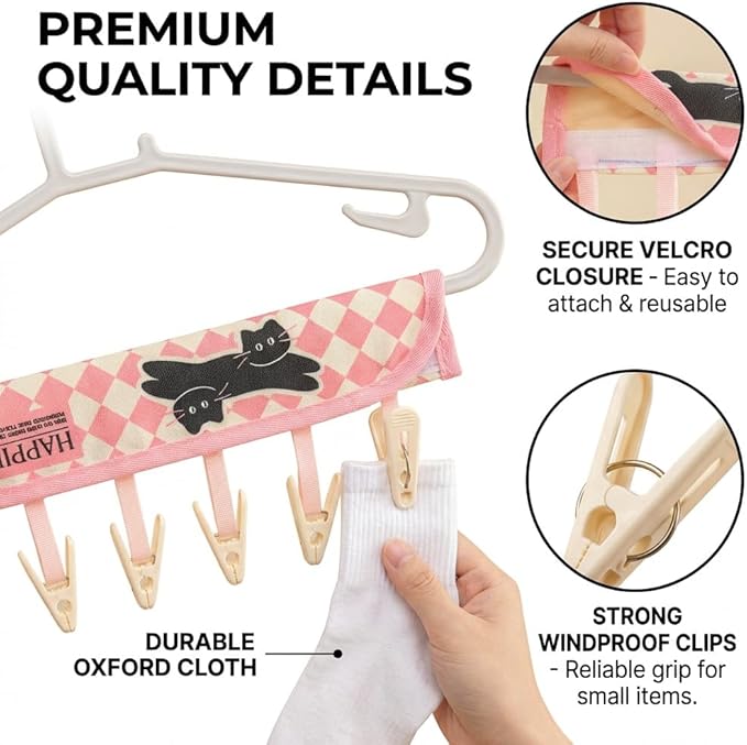 FOLAI 3-Pack Portable Fabric Products Travel Hangers Foldable Suitcase Clothespin Small Clothes pin Rack with 6 Clips（Cat-Themed）