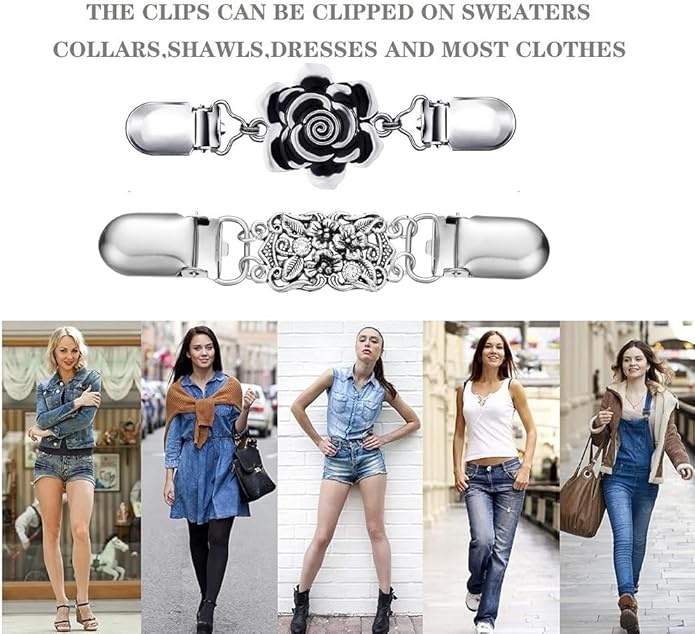 Vintage Sweater Clips Shawl Dresses Shirt Clips Retro Cardigan Collar Chain Clips Brooch Pins for Women