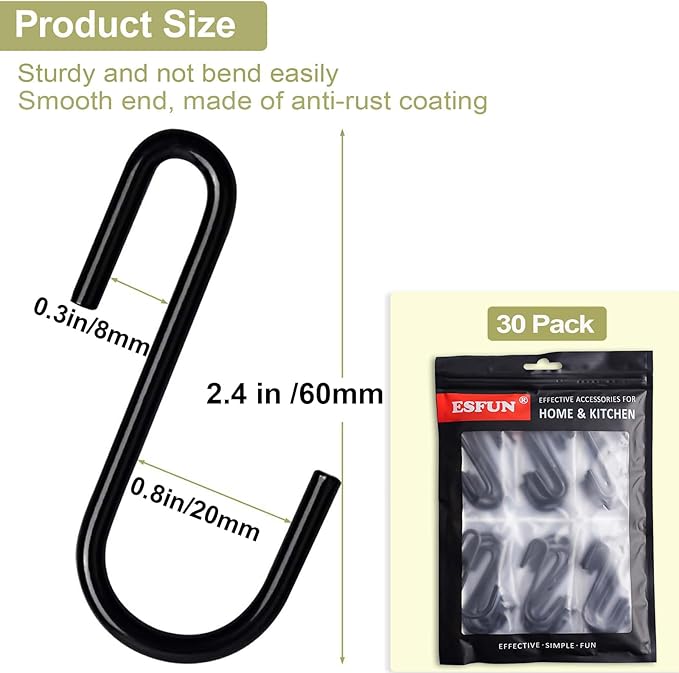 30 Pack 2.4 inches S Hooks for Hanging on Wire Shelves, Black S Shaped Hanging Hooks Hangers Pan Holder Pot Wire Rack Hooks for Kitchenware Spoons Pans Pots Utensils Jeans Bags Towels Plants,