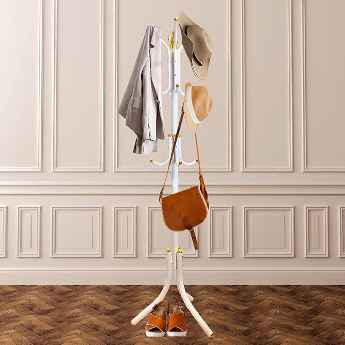 Free-Standing Coat Rack Metal Stand Hanger 12-Hooks Organizer, Hall Tree Entry-Way Furniture for Hanging Up Jacket, Hand-Bag, Cloth, Hat, Winter Scarf Holder for Home or Office Floor White